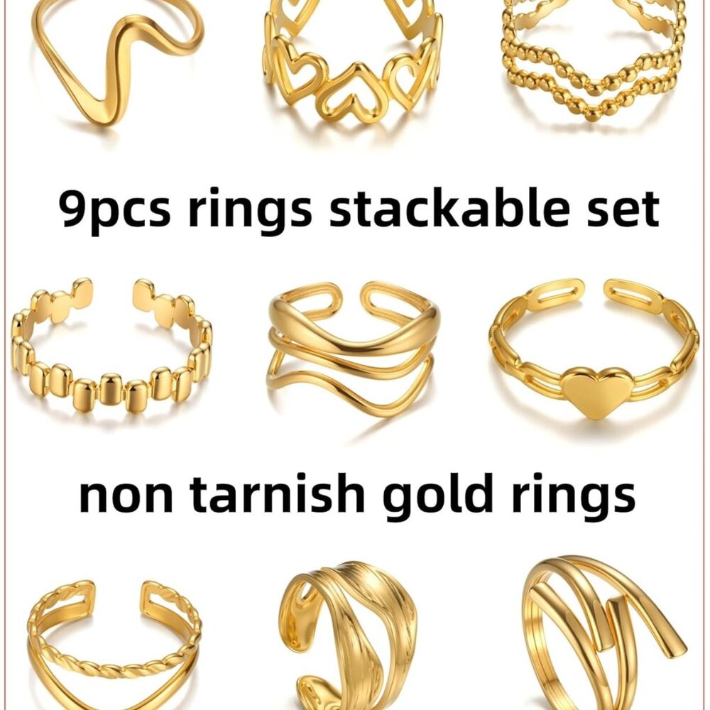Stylish 9pcs Gold Stackable Rings - Waterproof, N… - image 6